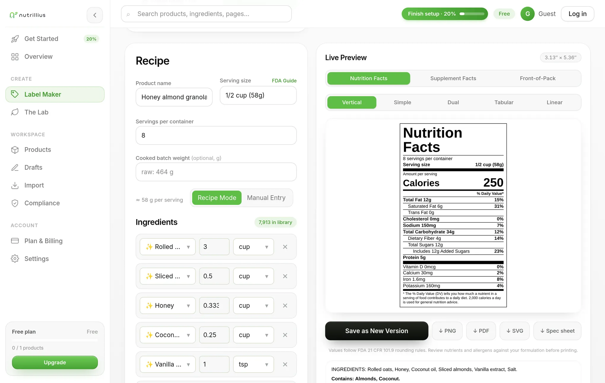 The Nutrillius label maker: recipe and ingredients on the left, a live FDA Nutrition Facts panel on the right with Save and Download directly beneath it
